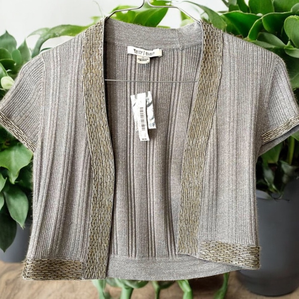 White House Black Market Beaded Trim Open Cardigan Size M Silver‎ Metallic